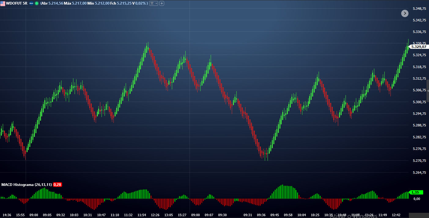Setup CashColor no WDOFUT (Mini Dólar) em gráfico de 5 minutos com histograma MACD colorido